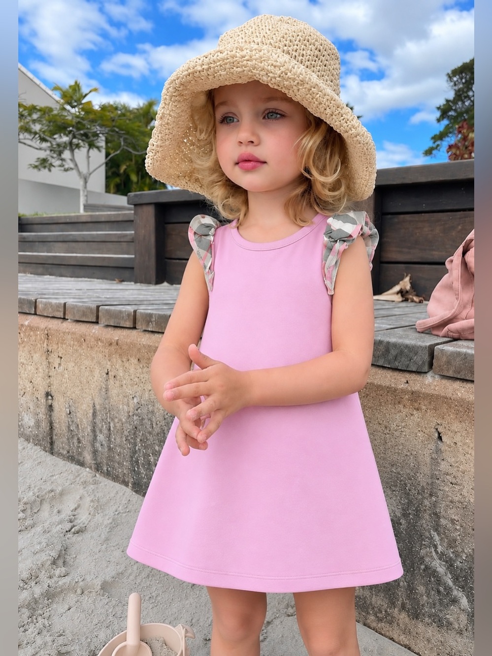 Burberry London Iconic Nova Check Girls Pink Ruffle Short Sleeve A Line Dress